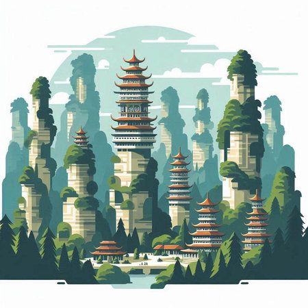 illustration of pagodas in the forest. Vector illustration.のイラスト素材