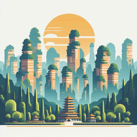 Landscape with pagoda in the middle of the forest. Vector illustrationのイラスト素材