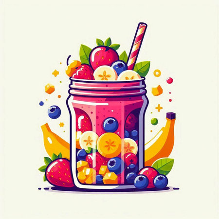 Healthy smoothie with fruits and berries. Vector illustration in cartoon style.のイラスト素材