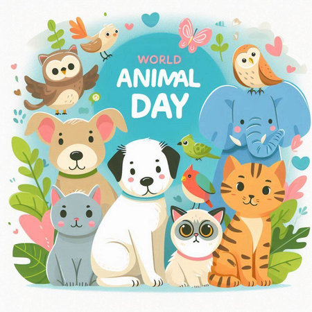 World Animal Day greeting card with cute cartoon animals. Vector illustration.のイラスト素材