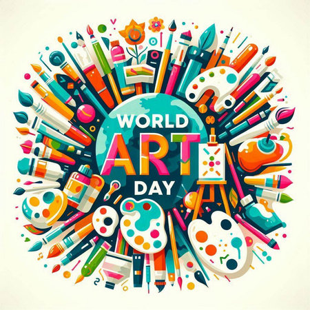 World Art Day poster with colorful doodle elements. Vector illustration.のイラスト素材