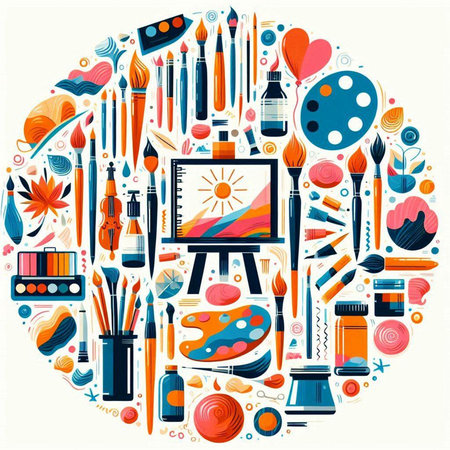 Art and creativity concept. Set of paintbrushes, paints, brushes, palette, palette, palette, pencils, paints on white background. Vector illustrationのイラスト素材