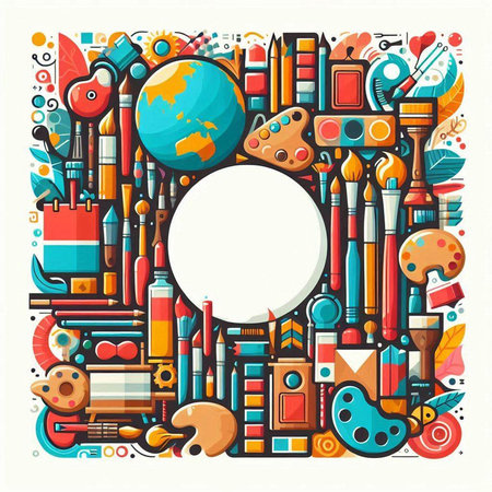 Colorful vector hand drawn illustration of school supplies and objects. Creative background with place for your textのイラスト素材