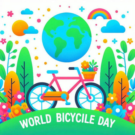 World Bicycle Day. Vector illustration with bicycle, globe, flowers and clouds.のイラスト素材