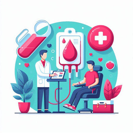 Blood donation concept. Doctor and patient. Vector illustration in flat styleのイラスト素材