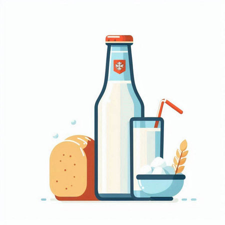 Milk bottle with glass and bread. Vector illustration in flat styleのイラスト素材