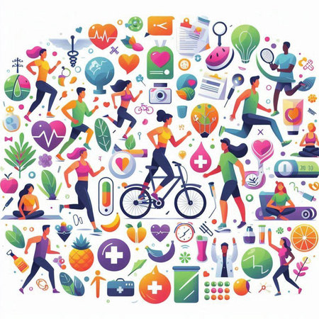 Healthy lifestyle concept with people running, cycling, yoga, fitness, sport, fitness icons. Vector illustrationのイラスト素材