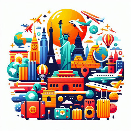 Traveling around the world. Colorful vector illustration in flat styleのイラスト素材