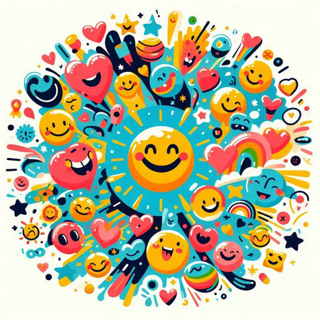 Hand drawn doodle Sun with happy faces. Vector illustration.のイラスト素材