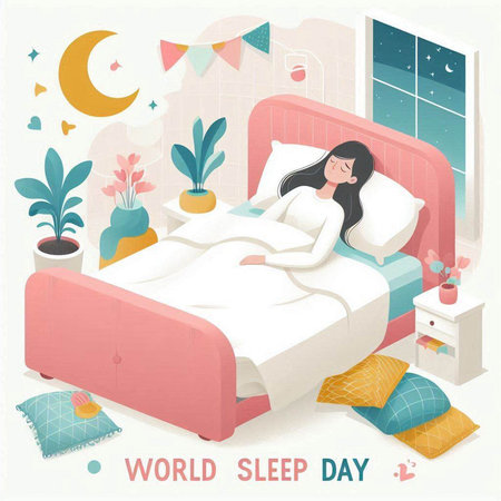 World Sleep Day poster with cute girl sleeping on the bed. Vector illustration.のイラスト素材