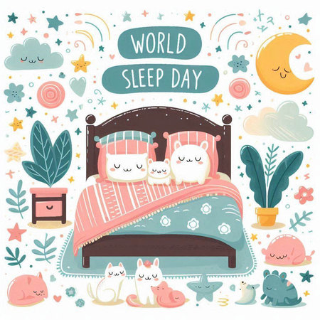 World Sleep Day. Cute hand drawn vector illustration with cute cartoon sleeping cats.のイラスト素材