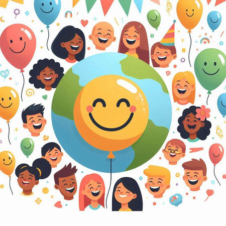 International Day of Happiness concept. Group of happy people with balloons. Vector illustrationのイラスト素材