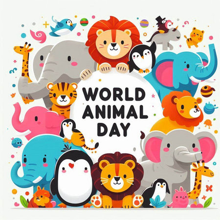 World Animal Day greeting card design with cute cartoon animals. Vector illustration.のイラスト素材