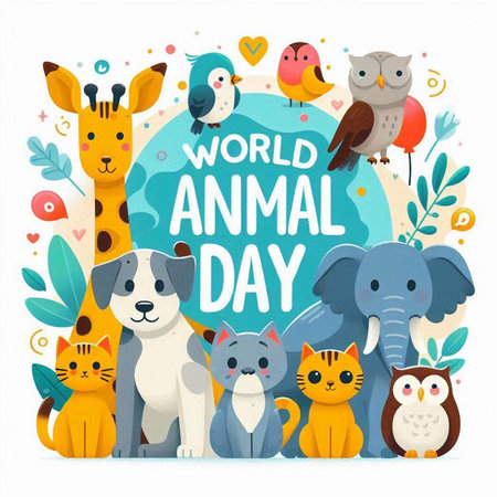 World Animal Day greeting card with cute animals. Vector cartoon illustration.のイラスト素材