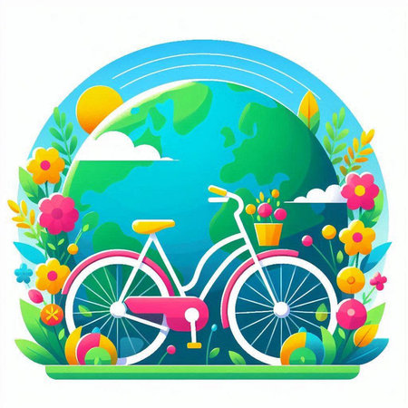 Bicycle with flowers on the background of the globe. Vector illustrationのイラスト素材