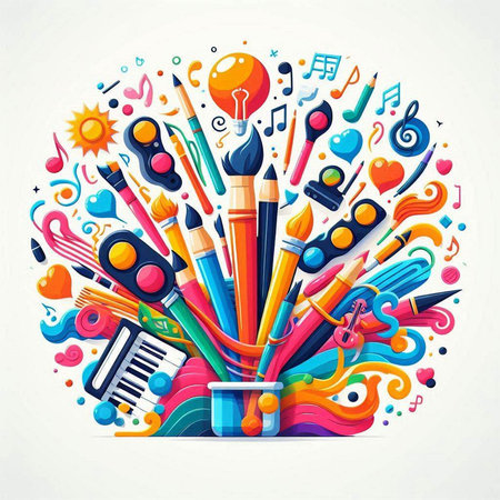 Colorful vector hand drawn doodle art objects, symbols and items round compositionのイラスト素材