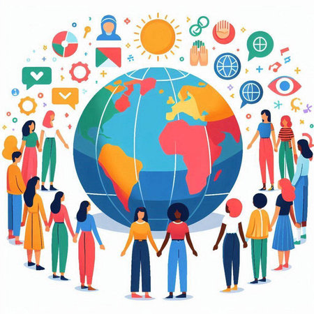 Global communication concept. Group of people holding hands around globe. Vector illustrationのイラスト素材