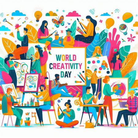World Creative Day concept with people drawing on canvas. Vector illustration.のイラスト素材