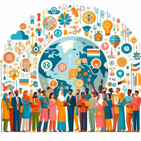 Group of international business people standing around the globe. Vector illustration.のイラスト素材