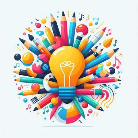 Creative idea concept with light bulb and school supplies. Vector illustration.のイラスト素材