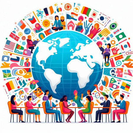 Global communication concept. Vector illustration of business people meeting around the world.のイラスト素材