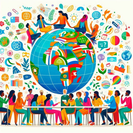 Global communication concept with people sitting around the globe and international icons. Vector illustrationのイラスト素材