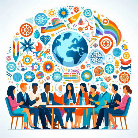 Business people sitting around the table with global symbols. Vector illustration in cartoon style.のイラスト素材