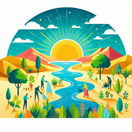 Vector illustration of people walking in the park on a sunny day.のイラスト素材