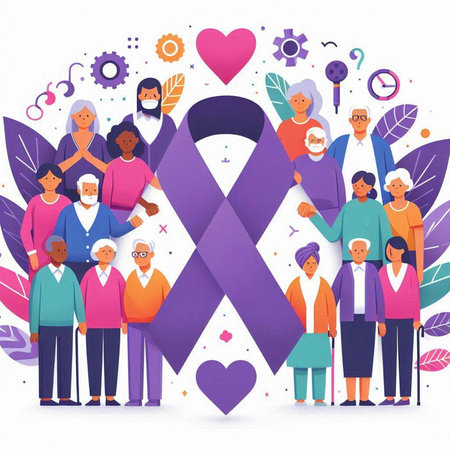 Breast Cancer Awareness Month. Group of diverse people standing together with awareness ribbon. Vector illustrationのイラスト素材