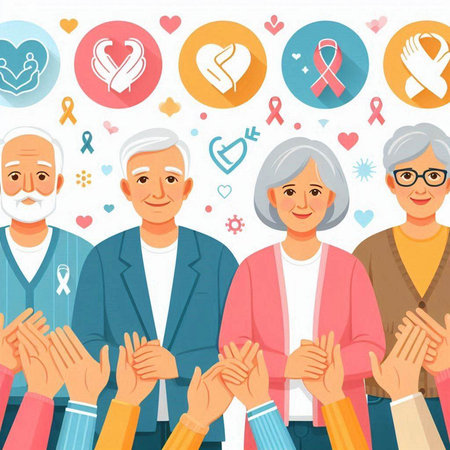 Vector illustration of a group of people with breast cancer awareness symbols.のイラスト素材