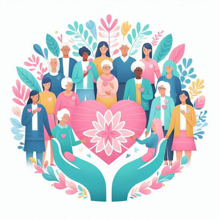 Volunteer people around the heart. Vector illustration in cartoon style.のイラスト素材