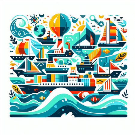 Vector illustration of the sea with ships, sailboats, yachts and shipsのイラスト素材