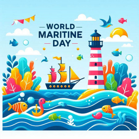 World Maritime Day banner with sea, lighthouse, fish and marine life. Vector illustrationのイラスト素材