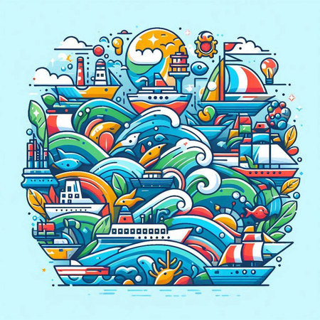 Vector hand drawn cartoon doodle sea illustration. Colorful detailed, with lots of objects background. Funny vector artwork.のイラスト素材
