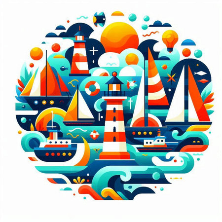 Lighthouse, ship and yachts in the sea. Vector illustrationのイラスト素材