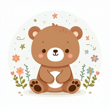 Cute Teddy bear with flowers and leaves. Vector illustration in cartoon style.のイラスト素材