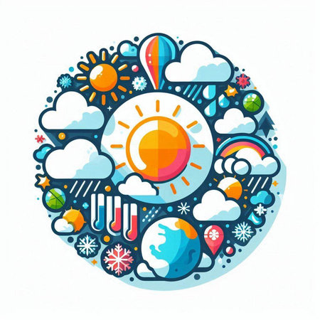 Vector illustration with sun, clouds, snowflakes and other elements.のイラスト素材