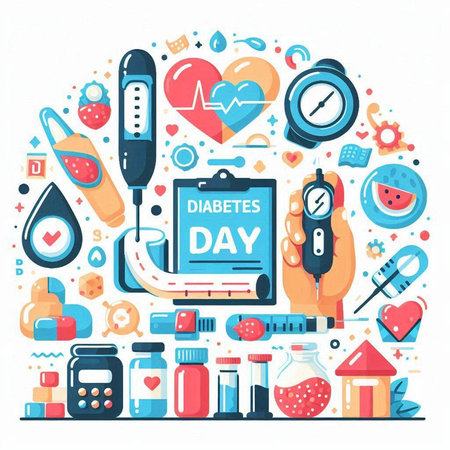 Vector illustration of World Diabetes Day concept with flat line icons on white background.のイラスト素材