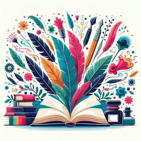 Vector illustration of a sketchbook with a feather pen, inkwell, books and flowersのイラスト素材