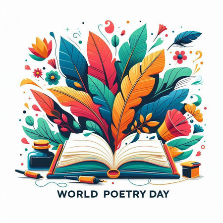 World Poetry Day. Colorful vector illustration with open book, feather and ink.のイラスト素材