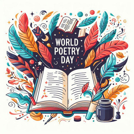 World Poetry Day poster with hand drawn lettering and feathers. Vector illustrationのイラスト素材
