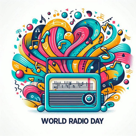 World Radio Day. Vector illustration with colorful doodles on white backgroundのイラスト素材