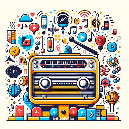 Retro radio with music icons. Vector illustration in line art styleのイラスト素材