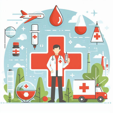 Flat design vector illustration concept of healthcare and medical services. Doctor in hospital.のイラスト素材