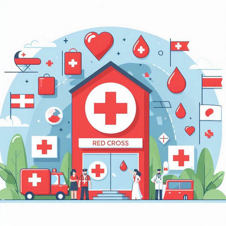 Flat design vector illustration concept of medical clinic, ambulance, first aid kit, first aid kit, first aid kit. Health care concept for web banner, infographics, hero images.のイラスト素材