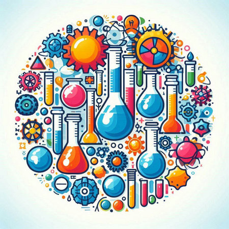 Science colorful round composition. Vector science illustration with flask, test tubes, gears.のイラスト素材