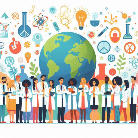 Scientific research and development concept. Group of scientists and doctors standing near the globe. Flat vector illustration.のイラスト素材