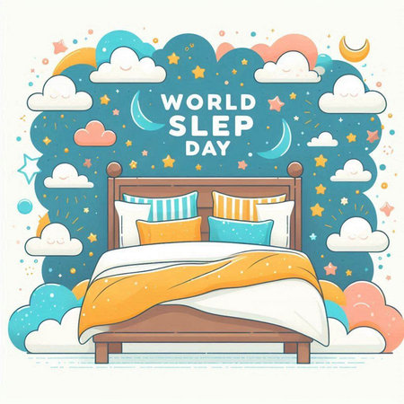 World sleep day poster with bed and pillow. Vector illustration in flat styleのイラスト素材