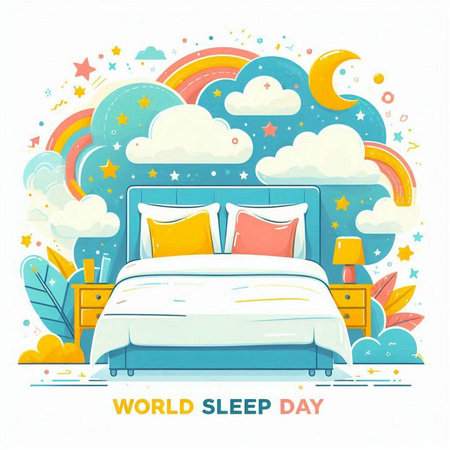 World Sleep Day. Vector illustration with bed, pillow, lamp, moon, clouds.のイラスト素材