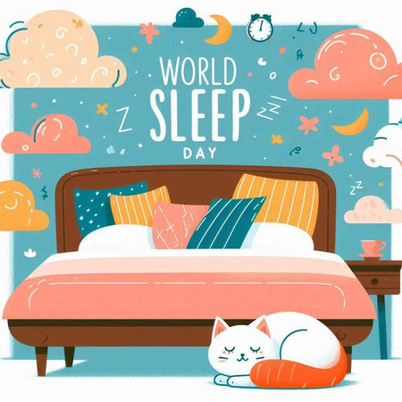 World sleep day poster with cute cat sleeping in bed vector illustration.のイラスト素材